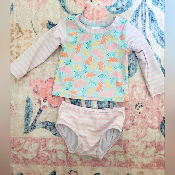 💥3/$24 Ruffle Butts Citrus Fruit Print Rashguard Swim Set - Picture 1 of 5